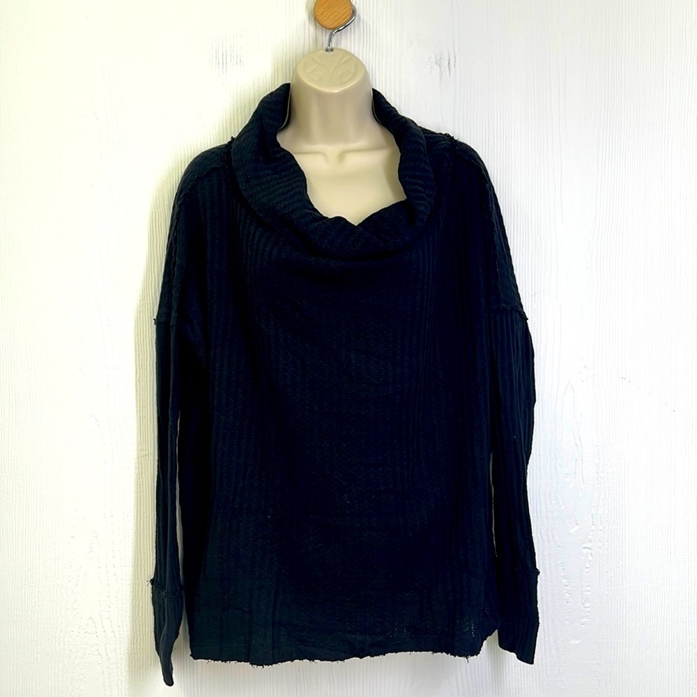 Free People - NWT Black Waffle Cowneck Split Back Long Sleeve Top Size XS